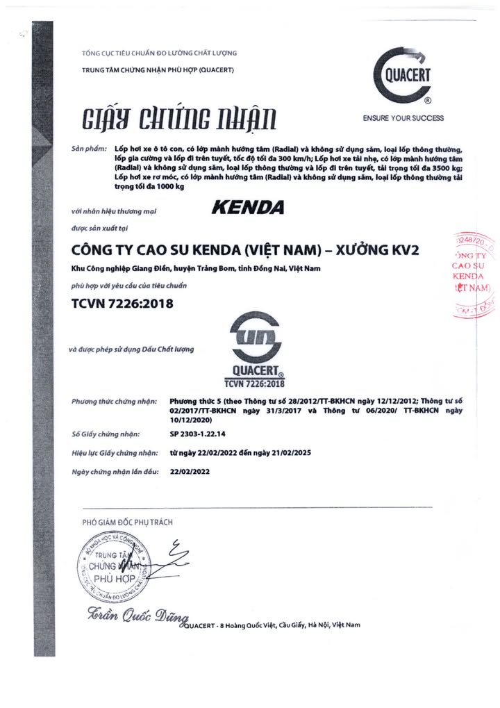 Chứng nhận - Lốp xe ô tô Kenda Đà Nẵng