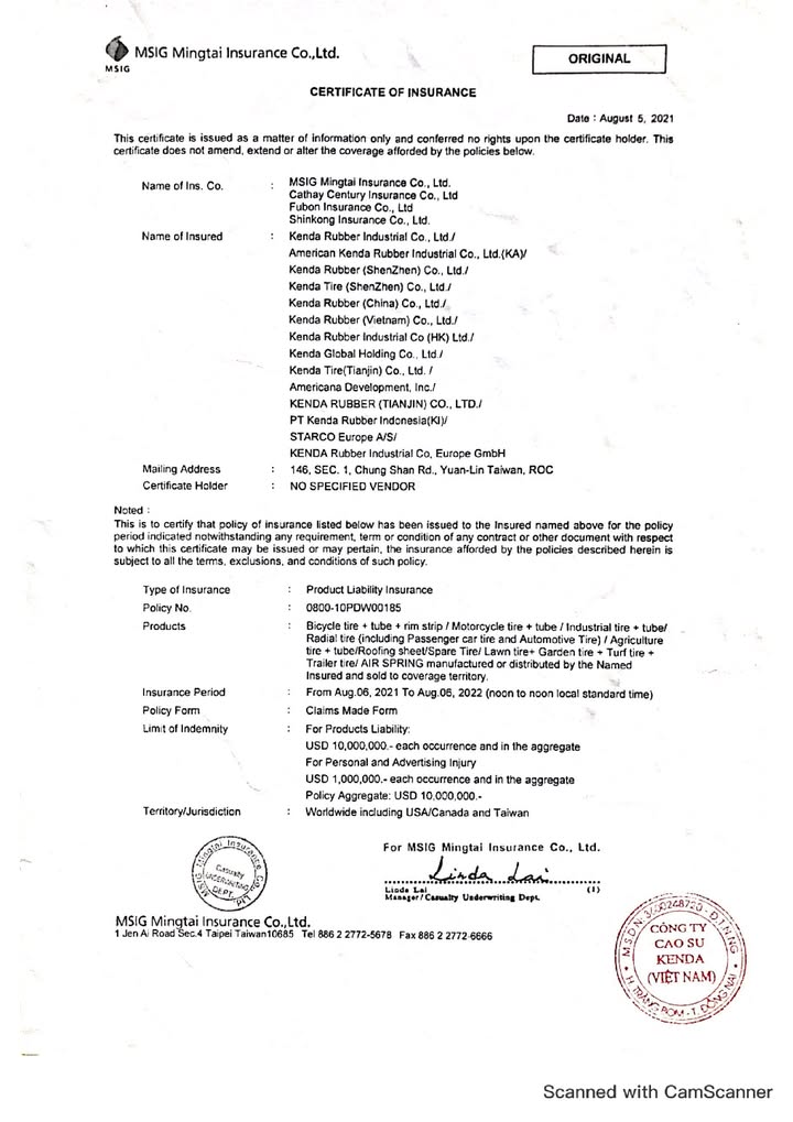 Chứng nhận - Lốp xe ô tô Kenda Đà Nẵng