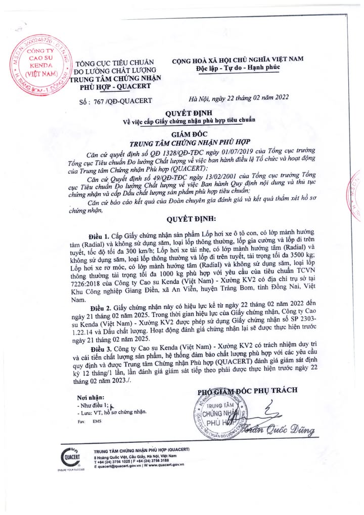 Chứng nhận - Lốp xe ô tô Kenda Đà Nẵng