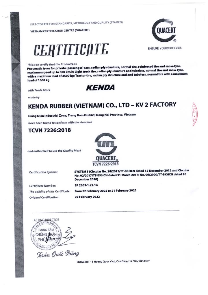 Chứng nhận - Lốp xe ô tô Kenda Đà Nẵng